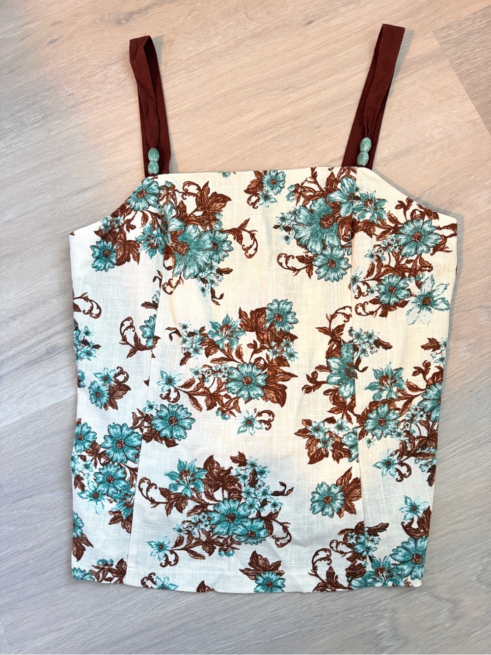 CeCe NWT Cottagecore Top Teal Brown Floral Accents